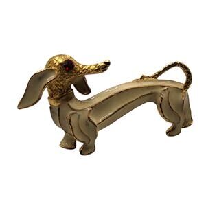 Vintage Dachshund Brooch Cream Enamel Gold Tone Red Rhinestone Eye